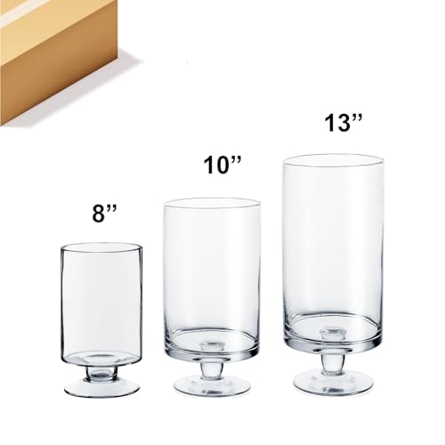 WGVI Clear Glass Pedestal Hurricane Candle Holder,8"+10"+13" H, Decorative Vase for Pillar Candles, Short Stemmed Candleholder Cylinder, Tabletop Home Décor, 1 Set of Larger 3 Sizes - size: 8", 10", 13" H (3-Piece Set)