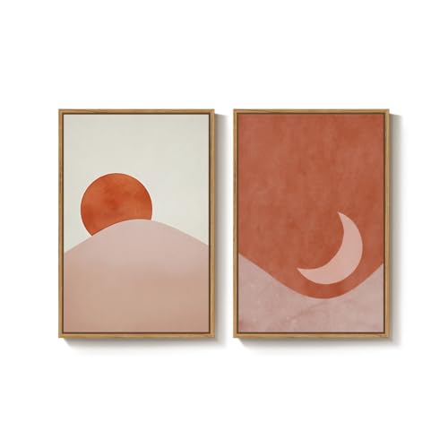 Framed Boho Terracotta Sun and Moon Canvas Wall Art Bedroom, 20x30 Inch - color: Terracotta Blush, size: 16" W x 24" H x 2Pcs
