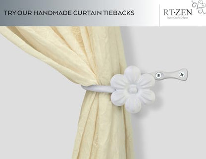 RTZEN Decorative Metal Curtain Tiebacks - Farmhouse Wrought Iron Curtain Holdbacks - Drapery Holders for Wall - Unique Metal Tie Backs for Curtains - 2 Pcs (White Flower) (Pack of 2) - size: Medium (Pack of 2), style: Flower - W