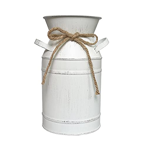 Small Farmhouse White Vase - Metal Flower Vases Decorative - Rustic Galvanized Milk Jug Country Wedding Home Kitchen Table Decor