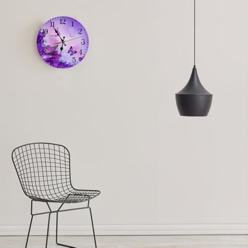 Ansouyi Round Wall Clock Battery Operated Clocks Wallclock 10 Inch,Purple Flower and Butterfly Silent Non Ticking Wall Clock for Living Room,Kitchen,Home,Bathroom,Bedroom,Office or School - color: Flower and Butterfly
