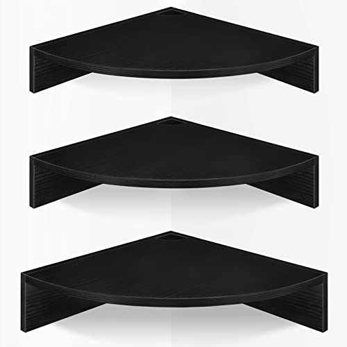 Homode Corner Floating Shelves, Set of 3 Corner Shelves Wall Mounted with Cable Hole, 3 Tier Wooden Hanging Corner Storage Shelf for Bedroom, Living Room, Kitchen, Black - color: Black