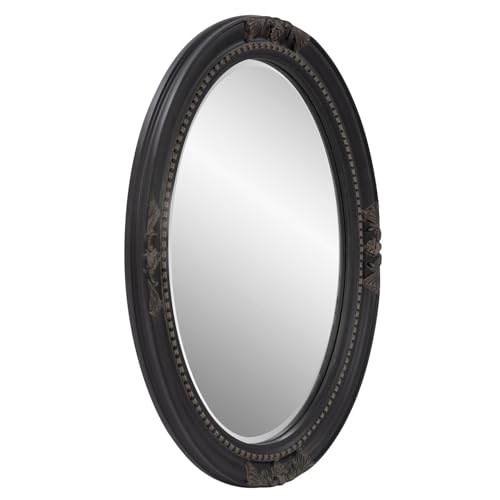 Howard Elliott Collection Queen Ann Antique Black Oval Mirror, Bevelled Vintage Hanging Wood Framed Vanity Wall Mirrors for Home Decor, Living Room, Bathroom, Bedroom, or Hallway, 25 x 33 Inch - color: Antique Black, size: 33"L x 25"W, style: Queen Ann Mi
