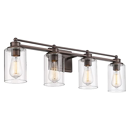4-Light Bathroom Light Fixtures, HWH Farmhouse Vanity Wall Sconce in Oil-Rubbed Bronze Finish with Clear Glass Shade, 5HLT63B-4W ORB - color: ORB, size: 4 Lights