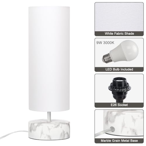 Touch Table Lamp with Marble Grain Metal Base, 3 Way Dimmable Bedside Lamp - color: White Marble Base with White Shade