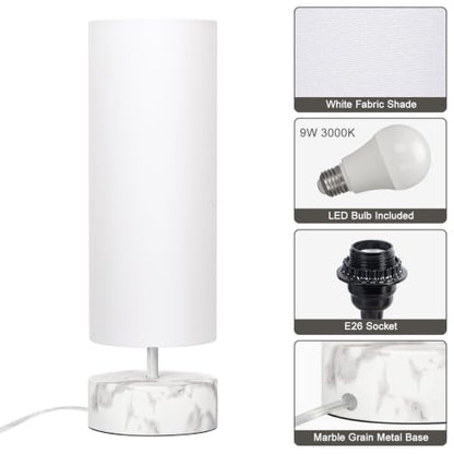 Touch Table Lamp with Marble Grain Metal Base, 3 Way Dimmable Bedside Lamp - color: White Marble Base with White Shade