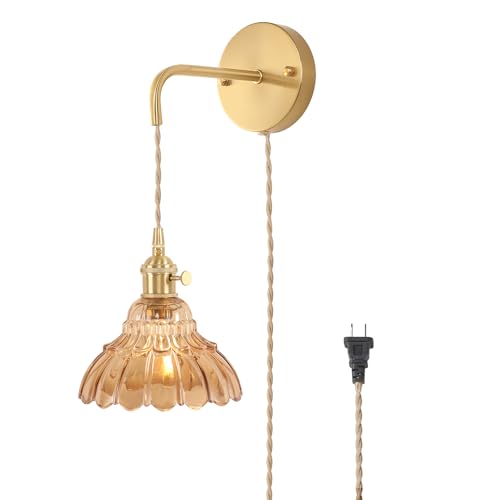 Shenmoyl Vintage Wall Sconce with Amber Lily of the Valley Glass Shade Hanging Wall Sconce with 4.9FT Plug in Cord, Modern Wall Lamp Fixtures Decor for Bedside Bedroom Indoor Doorway - color: Lily of the Valley-Amber, size: 1Pack-Plug in