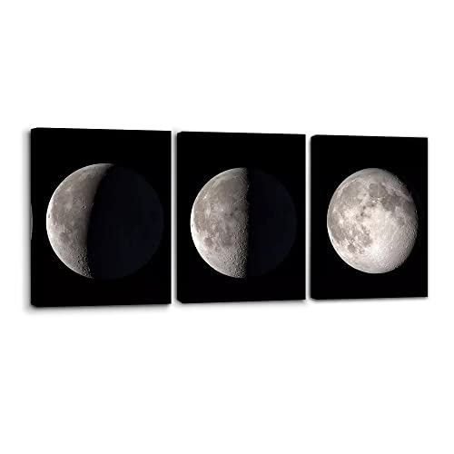 Pacimo Moon Canvas Prints Wall Art Space Pictures Paintings Modern Gallery Wrapped Black and White Abstract Sky Giclee Artwork for Living Room Bedroom Home Office Decor Ready to Hang - 12" x 16" x 3 - color: Wallart-03, size: 12" x 16" x 3 Panels