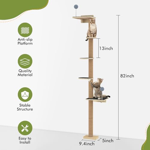 Tall Cat Tree Wall Mounted for Large Cats, 82 inch Scratching Post with Toys, Floor to Ceiling Cats Tower for Corner Area, Kitty Wall Shelf for Sleeping Playing Lounging Perching - size: Cat Tree