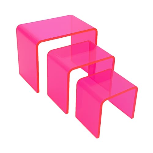 Tiered Acrylic Display Risers – 3pc Set (2", 3", 4") Cube Stands for Crafts, Collectibles & Decor (Neon Pink) - color: Neon Pink