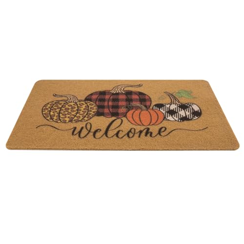 IZUS Hello-Pumpkin Fall Welcome-Doormats Harvest-Festival Outdoor-Entrance Non-Slip Leopard/Plaid-Printed-Pumpkins Autumn Frontdoor Mats 17x29inch - color: Pumpkins With Leopard+plaid+buffalo-check Printed