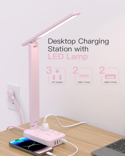 Addtam LED Desk Lamp, Power Strip with 3 Outlets 4 USB Charging Ports(2 USBC), 4 Modes 5 Level Brightness Touch Lamp, Small Desk Lamp for Home Office College Dorm Room Essentials, Pink - color: Pink, size: 5 FT