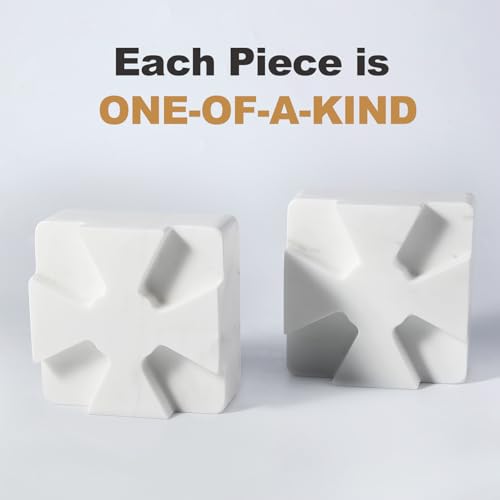 Decorative Square Marble Bookends for Heavy Books – Unique Book Ends for Shelves – Modern Aesthetic Book Holder/Stopper with Non-Slip Pads for Chic Home, Office, or Library Decor, White - style: Square-White