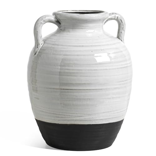 Large White Ceramic Vase with 2 Handles, 11.3 Inch, Farmhouse Rustic - color: Winnie - Aurora White, size: L(10.8"-11.8")