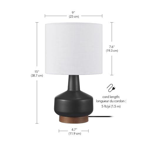 Globe Electric 15" Ceramic Table Lamp, Matte Black Base, Wood-Toned Accent, White Linen Shade, Dual Rotary Switch, Modern Bedroom or Office Lighting, 61000046 - color: Black