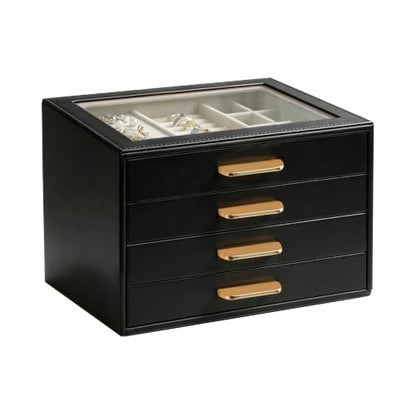 Homeanda Jewelry Boxes Organizer with Glass Lid, 4-Layer PU Leather, Black - color: Black, size: 4 Layer