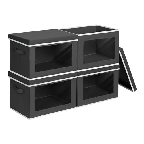 Homsorout Storage Bins with Lids - Small Fabric Organizers with Window, Collapsible Storage Bins for Clothes, Decorative Closet Organizers for Towels, Tshirt, 4 Pack, Black - color: Black, size: S(4-Pack)