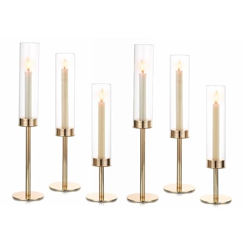 Hewory Gold Candlestick Holders: 6PCS Cylinder Glass Hurricane for Tapers - color: Gold, size: 6pcs