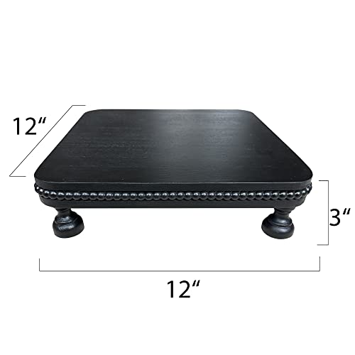 dwellington Farmhouse Display Wood Riser, 12" Decorative Black Beaded Pedestal Stand, Square Tiered Tray Decor for Kitcher Decor, Countertop