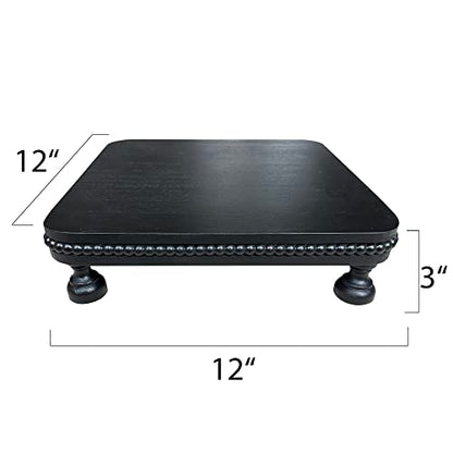 dwellington Farmhouse Display Wood Riser, 12" Decorative Black Beaded Pedestal Stand, Square Tiered Tray Decor for Kitcher Decor, Countertop