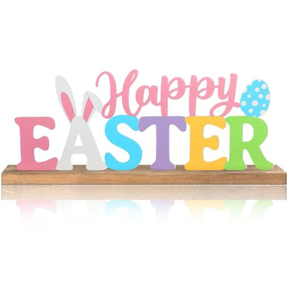 MiniInflat Happy Easter Metal Sign Rustic Table Decor Holiday Tiered Tray Decor with Wooden Base Freestanding Metal Word Sign for Home Tabletop Centerpiece Mantel Shelf Fireplace - style: Happy Easter