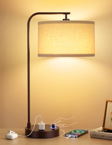 20.7" Tall Table Lamp with USB & Outlet, Fully Dimmable Nightstand Lamp - color: E-Beige Shade & Brown Base
