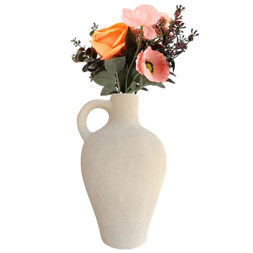 Rustic White Ceramic Vase for Home Decor, Antique Farmhouse Clay Jug Pitcher Vases for Aesthetic Textured Large Vintage Pottery with Handle for Centerpiece… - size: 10''A