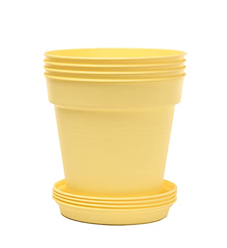 Mintra Garden Pots, 4 Pack Bulk Plastic Plant Pots with Drainage Tray, Round Indoor & Outdoor Decorative Planters with Drain Holes for Flowers, Herbs & Plants, 17cm Diameter – Yellow, 6.6 in - color: Yellow, size: 17cm Diameter (6.6in)