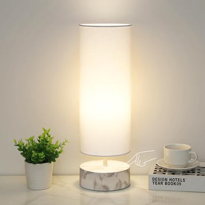 Touch Table Lamp with Marble Grain Metal Base, 3 Way Dimmable Bedside Lamp - color: White Marble Base with White Shade