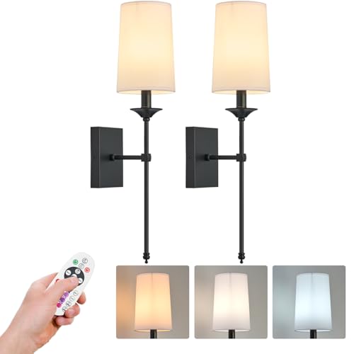 Rechargeable Battery Operated Wall Sconces Set of 2,Easy to Install Cordless Wall Lamps with Bulbs and Remote, Dimmable Black Wall Sconce for Living Room Decor - color: Battery Operated-Black