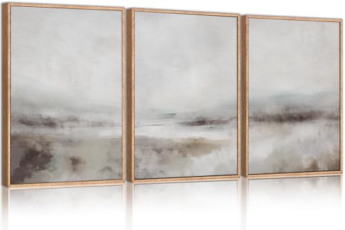 HLNIUC Large Abstract Neutral 3 Piece Wall Art Framed, Gray Lake Landscape Canvas Decor(16x24), Watercolor Smoky Mountain Wall Painting, Modern Minimalist Art Prints for Living Room, Bedroom, Office - color: Neutral, size: 16"L x 24"W