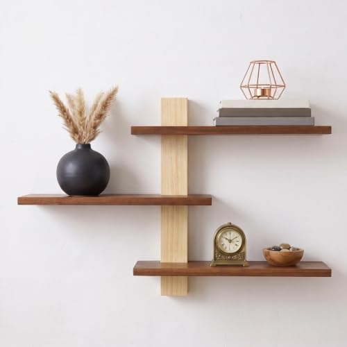 Pinkunn 2 Pack Floating Wall Shelf Mid Century Decor, Natural Wood, 3 Tier - color: Natural Wood
