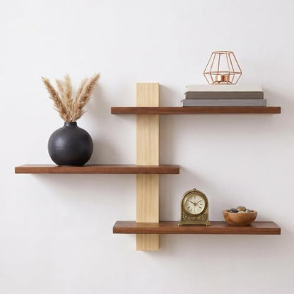 Pinkunn 2 Pack Floating Wall Shelf Mid Century Decor, Natural Wood, 3 Tier - color: Natural Wood