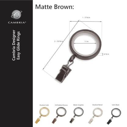 Cambria Designer 1-3/8" Matte Brown Quiet Glide Curtain Rings 18 Pack - color: Matte Brown, size: Small 1-3/8 in