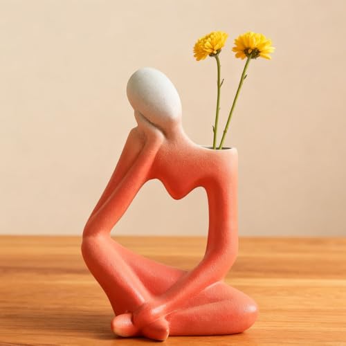 Arawat Ceramic Thinker Vase Red Flower Vase for Home Decor Modern Cute Boho Vases for Table Room Decor Unique Aesthetic Vase Ceramic Decorative Face Vases for Centerpieces Birthday Gifts for Women - color: Red Ceramic Flower Vase for Home Decor