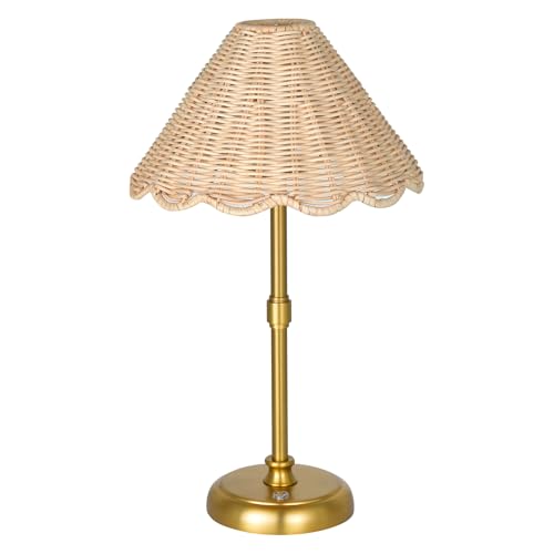 Cordless Boho Rattan Table lamp, 5200-mAh Rechargeable Battery, 3-level Brightness Dimmable, Build-in Integrated LED 320 Lumen Max, Rattan Shade, for Bedside Restaurant Resort Hotel Dining Table - color: 16'' Tall Gold