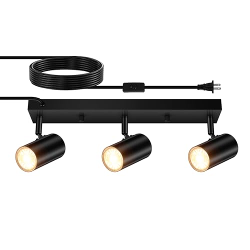 AUQUEE 3 Light Track Lighting Kit,Black 3 Way Modern Plug in Ceiling Spotlight,Industrial LED Wall Light for Kitchen Cabinet Gallery Bar Hallway Living Room,Rocker Switch,15 Foot Cord(No Bulb) | Track Light Fixtures Ceiling,Plug in Wall Lights with Cord,