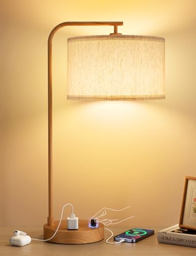20.7" Tall Table Lamp with USB & Outlet, Fully Dimmable Nightstand Lamp - color: F-Beige Shade & Wood Base