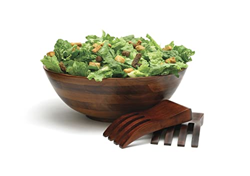 Lipper International Rubberwood Footed Bowl with Cherry Finish for Fruits, Salads, or Popcorn, Large, 13.75" Diameter x 5" Height, 216.41 Fl. Oz., 3-Piece Set with Salad Hands - size: Large, style: 3-Piece Set with 2 Salad Hands