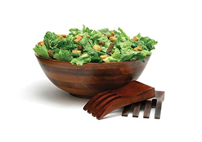 Lipper International Rubberwood Footed Bowl with Cherry Finish for Fruits, Salads, or Popcorn, Large, 13.75" Diameter x 5" Height, 216.41 Fl. Oz., 3-Piece Set with Salad Hands - size: Large, style: 3-Piece Set with 2 Salad Hands