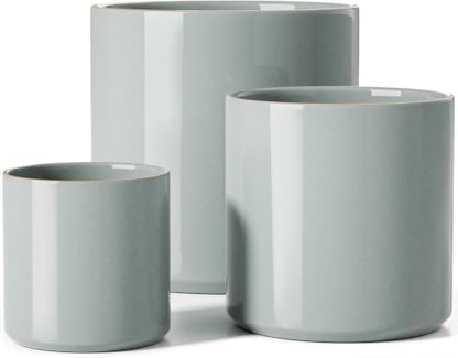 LE TAUCI 10+8+6 Inch Ceramic Pots for Plants, Indoor Planters with Drainage Hole and Plug, Modern Cylinder Flower Pots Set of 3 for Living Room and Bedroom, Glossy, Mist Gray - color: Mist Gray