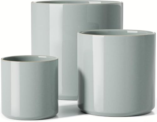 LE TAUCI 10+8+6 Inch Ceramic Pots for Plants, Indoor Planters with Drainage Hole and Plug, Modern Cylinder Flower Pots Set of 3 for Living Room and Bedroom, Glossy, Mist Gray - color: Mist Gray