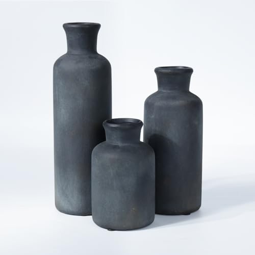 Black Ceramic Vase Set of 3, Vintage Brushed Gold Effect for Home Decor - color: Black