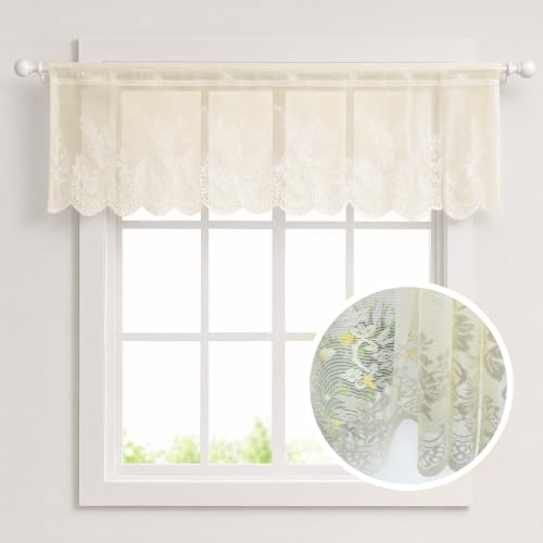 Molaxhome Kitchen Curtains Valance Beige Lace Floral Semi Sheer Curtain - color: Beige, size: 51"W x 16"L (Pack of 1)