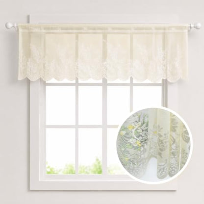 Molaxhome Kitchen Curtains Valance Beige Lace Floral Semi Sheer Curtain - color: Beige, size: 51"W x 16"L (Pack of 1)