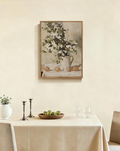 ElfLuna Wood Framed Canvas, Retro Lemon Floral Still Life Print - color: Flowers and Lemons, size: 16"L x 12"W