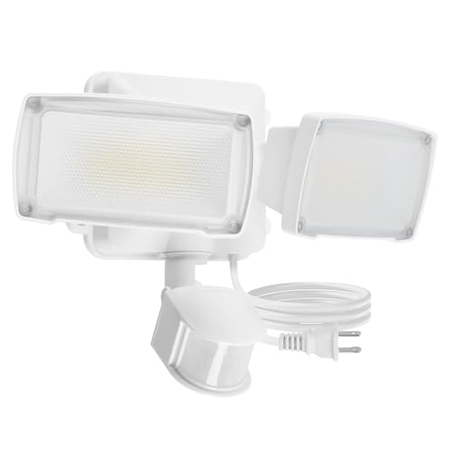 LUTEC 21W White Plug in Motion Sensor Light Outdoor, Flood Lights Outdoor Motion Sensor,2500LM, 5000K Daylight,IP65 Waterproof,Adjustable 2 Heads Wall Light for Garage, Porch, Yard - color: White, size: 1 Pack