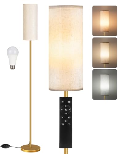 Dimmable Floor Lamp for Living Room with Remote and Foot Switch, Standing Tall Lamp, Bulb Included, 3000K-6500K, Beige and Gold, FCC Listed DE06LD05W1 - color: Beige Gold