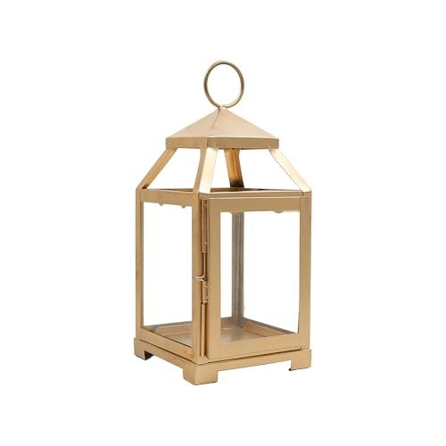 Hosley 12 Inch High Clear Glass and Iron Classic Style Lantern Ideal Gift for Festivities Parties Weddings Aromatherapy and Spa Settings-Gold - color: Gold, size: 12" High
