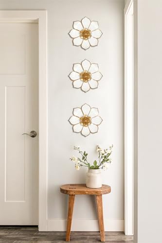 Villa Como Set of 3 White and Gold Metal Flowers Wall Art Decor 10" - color: # 3 White and Gold